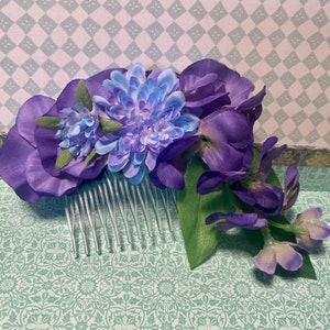 Purple silk flower bridal comb