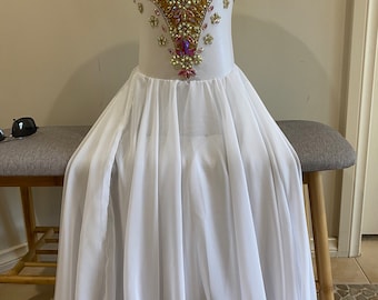 White with gold dance costume Girls size 8-9. Perfect for graceful, slow waltz tap etc. 1 1/2 circles chiffon skirt