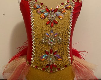 Red and gold dance costume Girls size 6 with lots of lace and ostrich boa
