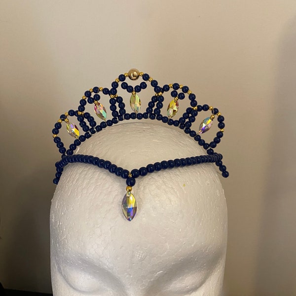 Navy Blue Ballet tiara with AB eye shape rhinestones and shiny gold or silver beads