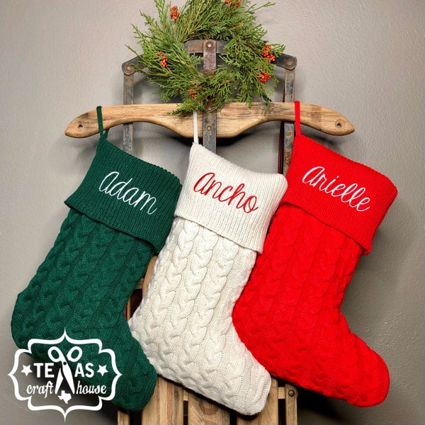 Monogrammed Cable Knit Christmas Stocking - Red, Green, Creme Christmas Stocking - Monogrammed Christmas Home Decorations