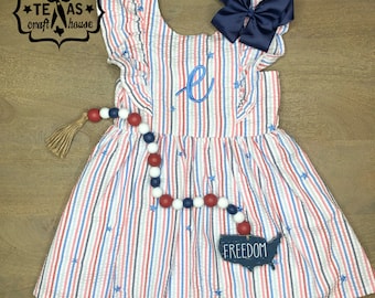 Monogrammed Toddler Americana Seersucker Ruffle Sleeve Dress