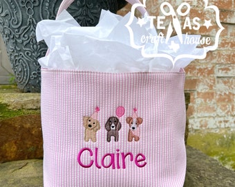 Monogrammed Birthday Bag - Seersucker Birthday Tote - Embroidered Gift Bag - Birthday Gift Bag - Personalized Gift Bag - Reusable Gift Bag