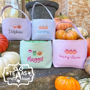 Monogrammed Trick or Treat Bag - Seersucker Halloween Tote - Embroidered Halloween Bag - Halloween Candy Bag - Personalized Halloween Bag