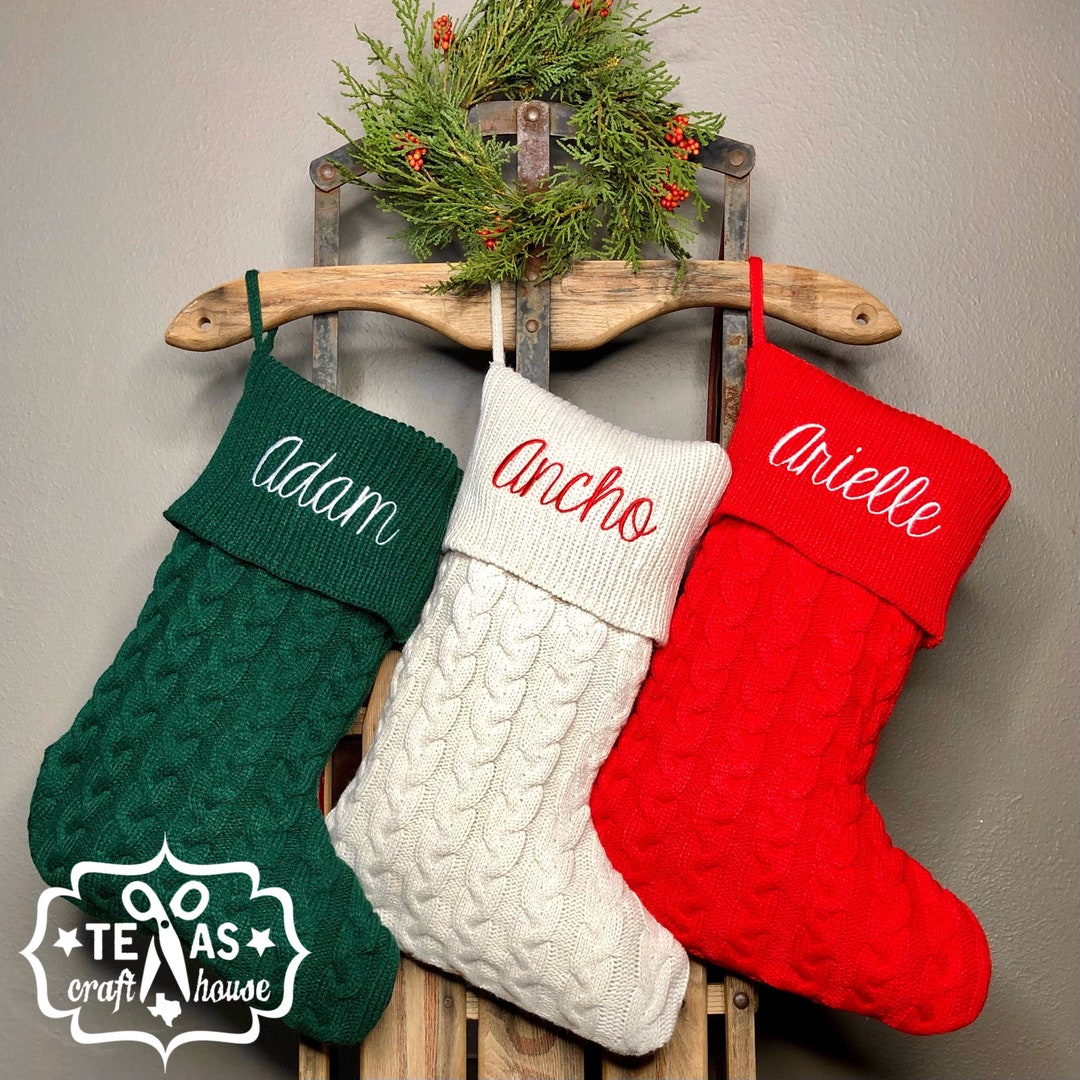 Monogrammed Cable Knit Christmas Stocking Red, Green, Creme Christmas