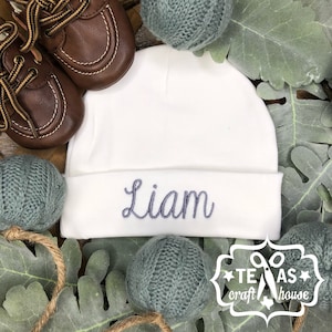 Monogrammed Newborn Baby Hat Embroidered Newborn Baby Hat Baby Hat Birth Announcement Baby Beanie image 1