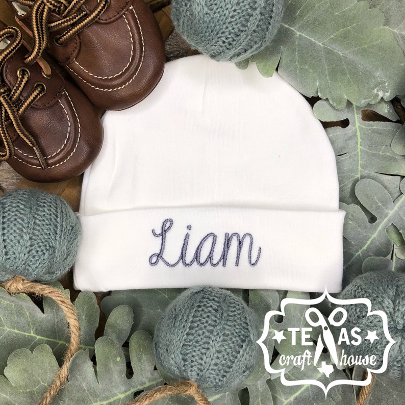 Monogrammed Newborn Baby Hat Embroidered Newborn Baby Hat Baby Hat Birth Announcement Baby Beanie image 1