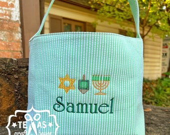 Monogrammed Hanukkah Bag - Seersucker Hanukkah Tote - Embroidered Gift Bag - Hanukkah Gift Bag - Personalized Gift Bag - Reusable Gift Bag