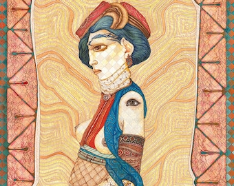 May include: A woman with a blue and red headdress stands against a yellow background with swirling lines. She is wearing a blue and red dress with a gold belt and a gold and white patterned skirt. The background is framed by a red and orange border with a geometric pattern.