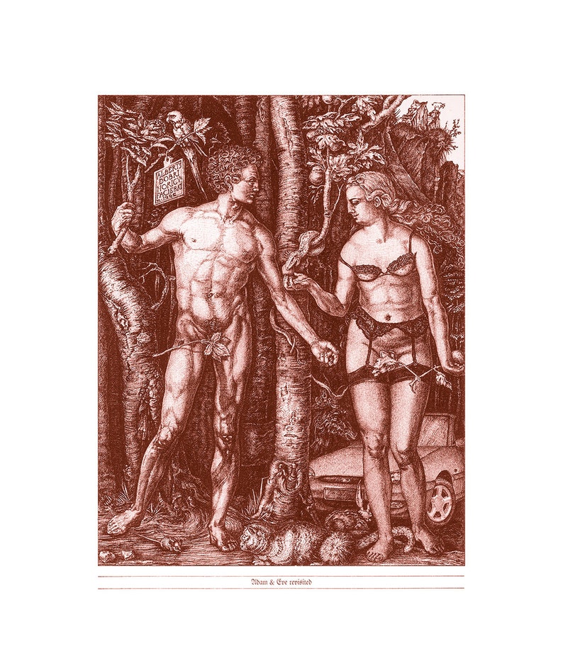 Op de afbeelding: Een sepia-kleurige illustratie van Adam en Eva die in een tuin staan. Adam houdt een tak met een blad vast, terwijl Eva een appel vasthoudt. De tekst "ALBERT D&Uuml;RER 1504" is zichtbaar op een bord op de achtergrond.