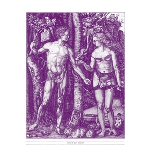 Op de afbeelding: Een paarse en witte illustratie van Adam en Eva in een tuin. Adam staat aan de linkerkant van de afbeelding en houdt een tak vast met een bord waarop staat "Apples Born To Eat, Not To Touch, Forbidden Fruit". Eva staat aan de rechterkant van de afbeelding en houdt een appel vast. De afbeelding is een humoristische interpretatie van het bijbelse verhaal van Adam en Eva.