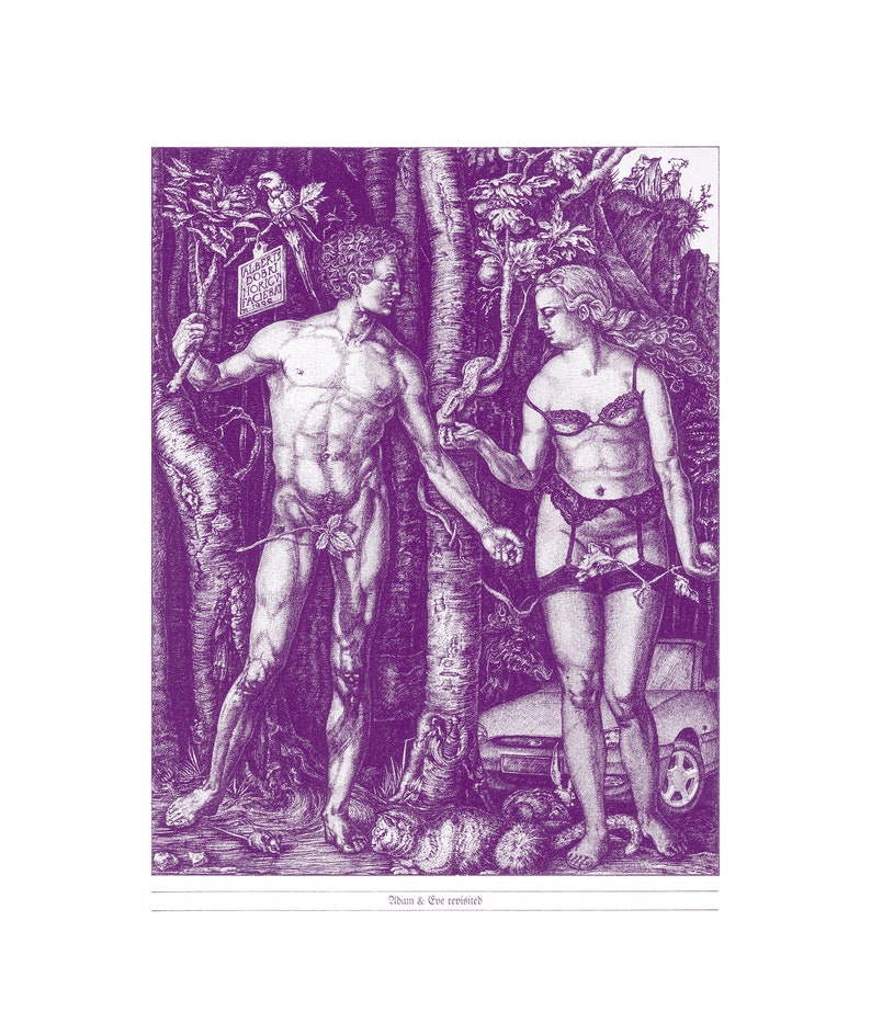 Op de afbeelding: Een paarse en witte illustratie van Adam en Eva in een tuin. Adam staat aan de linkerkant van de afbeelding en houdt een tak vast met een bord waarop staat "Apples Born To Eat, Not To Touch, Forbidden Fruit". Eva staat aan de rechterkant van de afbeelding en houdt een appel vast. De afbeelding is een humoristische interpretatie van het bijbelse verhaal van Adam en Eva.