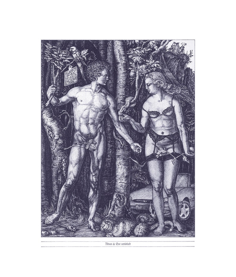 Kunstdruk, Giclée-druk, Antiek, Vintage, Klassiek, Surrealisme, Gelimiteerde oplage, Adam & Eve heruitgave (grijs) afbeelding 2