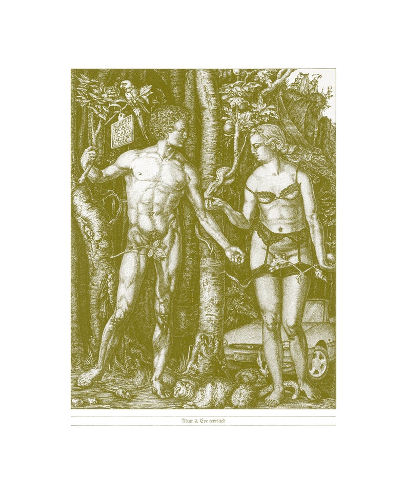 Op de afbeelding: Een zwart-witte illustratie van Adam en Eva in een tuinsetting. Adam staat links en houdt een tak vast. Eva staat rechts en houdt een appel vast. De tekst "FRUCTUS  NON  TOL  LICIT  TOCI  HIC  EDERE" staat op een bord achter Adam.