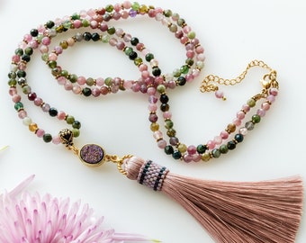 Multicolor Tourmaline Tassel Druzy Long Necklace Watermelon Tourmaline Jewelry Long Boho Hippie Druzy Jewelry Mothers Day October Birthstone