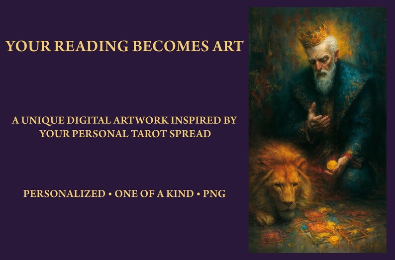 May include: Digital artwork featuring a bearded figure in a crown and blue robes kneeling beside a lion, with tarot cards scattered on the ground. Text reads: YOUR READING BECOMES ART, A UNIQUE DIGITAL ARTWORK INSPIRED BY YOUR PERSONAL TAROT SPREAD, PERSONALIZED &bull; ONE OF A KIND &bull; PNG.