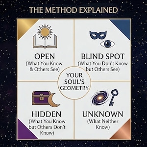 May include: A square chart titled THE METHOD EXPLAINED featuring four quadrants labeled OPEN, BLIND SPOT, HIDDEN, and UNKNOWN. A central circle reads YOUR SOUL'S GEOMETRY. Icons include a sun over a book, a mask and eye, a chest with a moon, and a galaxy with a key.