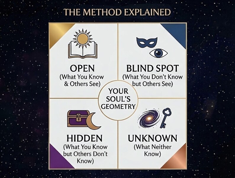 May include: A square chart titled THE METHOD EXPLAINED featuring four quadrants labeled OPEN, BLIND SPOT, HIDDEN, and UNKNOWN. A central circle reads YOUR SOUL'S GEOMETRY. Icons include a sun over a book, a mask and eye, a chest with a moon, and a galaxy with a key.