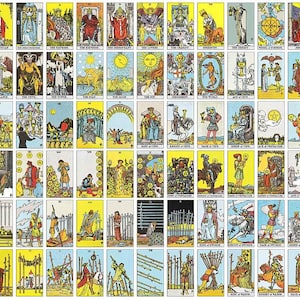 Puede incluir: Un juego completo de setenta y ocho cartas de tarot dispuestas en una cuadr&iacute;cula, que incluye los Arcanos Mayores y los cuatro palos de Copas, Oros, Espadas y Bastos. Cada carta muestra ilustraciones detalladas y coloridas con n&uacute;meros romanos.