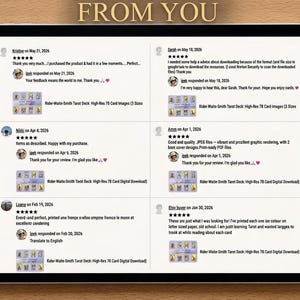 Puede incluir: Una pantalla de tableta digital que muestra una colecci&oacute;n de seis rese&ntilde;as de clientes para una descarga digital del mazo de tarot Rider-Waite-Smith. Cada rese&ntilde;a incluye una calificaci&oacute;n de cinco estrellas, nombre, fecha, texto y miniatura.