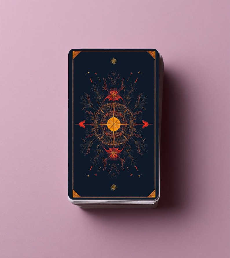 Puede incluir: Una baraja de cartas rectangulares con fondo azul marino oscuro. El reverso de la carta superior presenta un dise&ntilde;o sim&eacute;trico de rayos de sol en naranja y amarillo, rodeado de intrincadas l&iacute;neas bot&aacute;nicas y detalles en las esquinas.