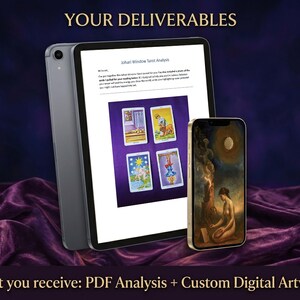 May include: A tablet and a smartphone displaying digital content. The tablet shows a document titled Johari Window Tarot Analysis with four tarot cards. The smartphone displays a digital painting of a figure near a fire under a moon.