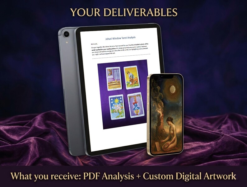 May include: A tablet and a smartphone displaying digital content. The tablet shows a document titled Johari Window Tarot Analysis with four tarot cards. The smartphone displays a digital painting of a figure near a fire under a moon.