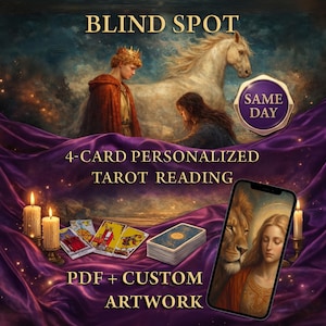 May include: A 4-card personalized tarot reading service featuring a digital display of a lion and woman, tarot cards, candles, and purple fabric. Text includes BLIND SPOT, SAME DAY, 4-CARD PERSONALIZED TAROT READING, and PDF + CUSTOM ARTWORK.