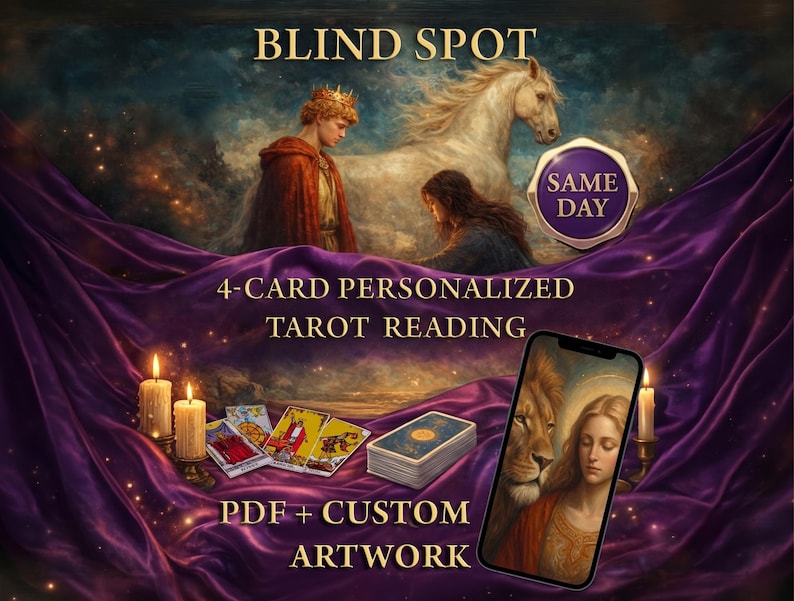May include: A 4-card personalized tarot reading service featuring a digital display of a lion and woman, tarot cards, candles, and purple fabric. Text includes BLIND SPOT, SAME DAY, 4-CARD PERSONALIZED TAROT READING, and PDF + CUSTOM ARTWORK.