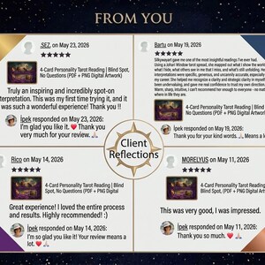 May include: A graphic display titled FROM YOU and Client Reflections featuring four customer reviews for a 4-Card Personality Tarot Reading. Each review includes a five-star rating, the reviewer's name, date, and a response from the seller named Ipek.