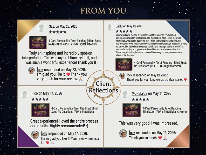 May include: A graphic display titled FROM YOU and Client Reflections featuring four customer reviews for a 4-Card Personality Tarot Reading. Each review includes a five-star rating, the reviewer's name, date, and a response from the seller named Ipek.