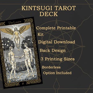 May include: A Kintsugi Tarot deck digital download kit featuring The Lovers card with gold-veined figures and an angel. Text includes KINTSUGI TAROT DECK, Complete Printable Kit, Digital Download, Back Design, 3 Printing Sizes, and Borderless Option Included.