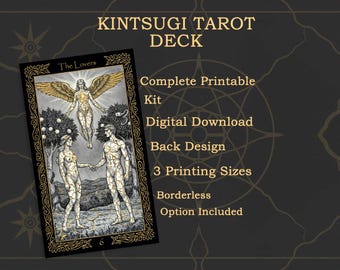 Cartas de Tarot Kintsugi - Baraja imprimible de 78 cartas de alta resolución inspirada en el sistema Rider-Waite-Smith - Diseño de arte japonés de reparación dorada