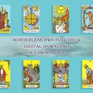 May include: A collection of tarot cards with colorful illustrations on a light blue background. The cards feature images of The Sun, The World, The Magician, The Empress, The Lovers, and Strength. Text on the cards includes "BORDERLESS RWS FULL DECK DIGITAL DOWNLOAD IN 3 PRINT SIZES."