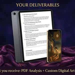 May include: A tablet displaying a text-based PDF analysis and a smartphone showing a digital artwork of a person kneeling before a fire under a moonlit sky. The text reads YOUR DELIVERABLES and What you receive: PDF Analysis + Custom Digital Artwork.