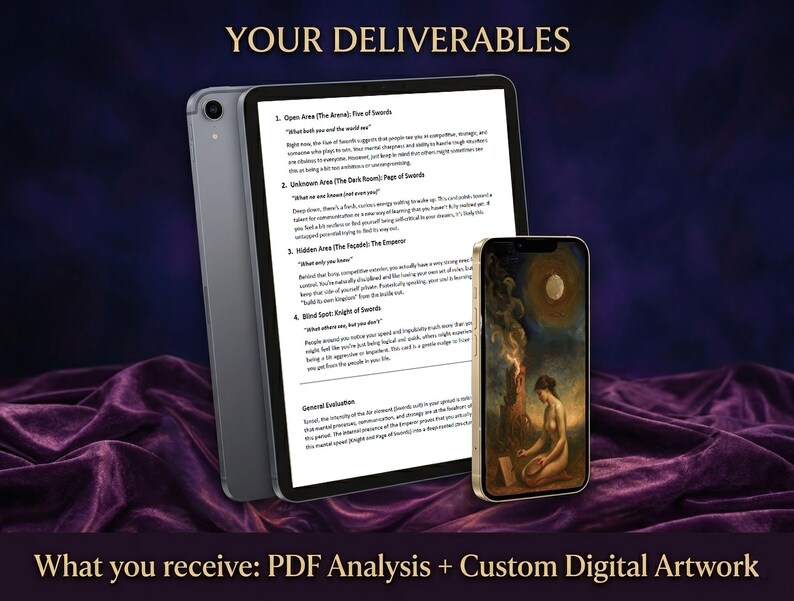 May include: A tablet displaying a text-based PDF analysis and a smartphone showing a digital artwork of a person kneeling before a fire under a moonlit sky. The text reads YOUR DELIVERABLES and What you receive: PDF Analysis + Custom Digital Artwork.