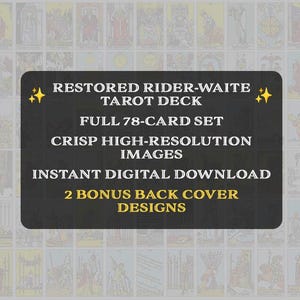 Puede incluir: Un gr&aacute;fico digital que muestra un recuadro negro rectangular con esquinas redondeadas y texto en blanco: RESTORED RIDER-WAITE TAROT DECK, FULL 78-CARD SET, CRISP HIGH-RESOLUTION IMAGES, INSTANT DIGITAL DOWNLOAD, 2 BONUS BACK COVER DESIGNS.
