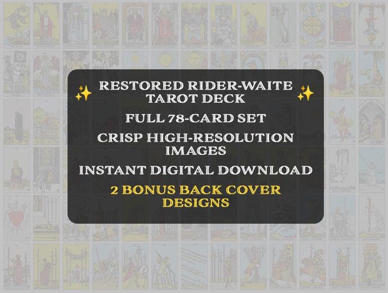 Puede incluir: Un gr&aacute;fico digital que muestra un recuadro negro rectangular con esquinas redondeadas y texto en blanco: RESTORED RIDER-WAITE TAROT DECK, FULL 78-CARD SET, CRISP HIGH-RESOLUTION IMAGES, INSTANT DIGITAL DOWNLOAD, 2 BONUS BACK COVER DESIGNS.