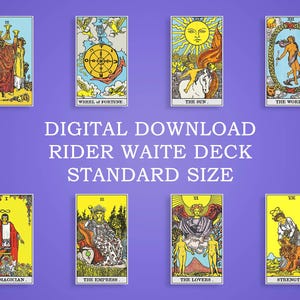 May include: A digital download of a Rider Waite tarot deck in standard size, featuring eight colorful cards including The Magician, The Empress, The Lovers, Strength, Three of Cups, Wheel of Fortune, The Sun, and The World on a purple background.