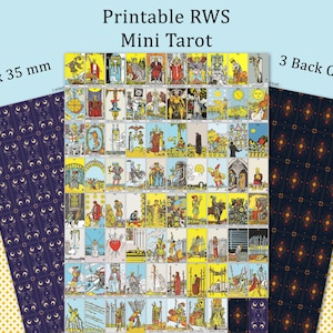 May include: Printable RWS Mini Tarot cards with three back cover designs. The tarot cards are 20 x 35 mm in size. The main card design features colorful illustrations of the Rider-Waite-Smith tarot deck.