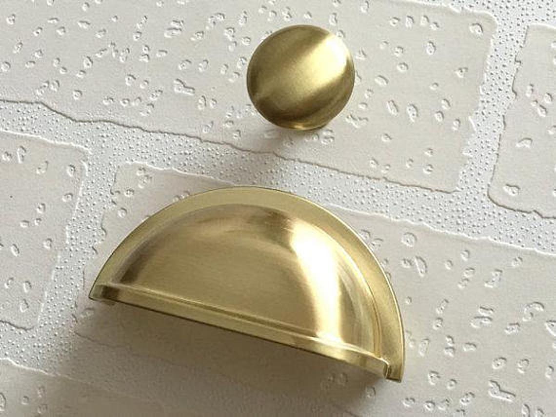 3 Brushed Gold Brass Cup Pulls Drawer Knob Pull Handles Etsy