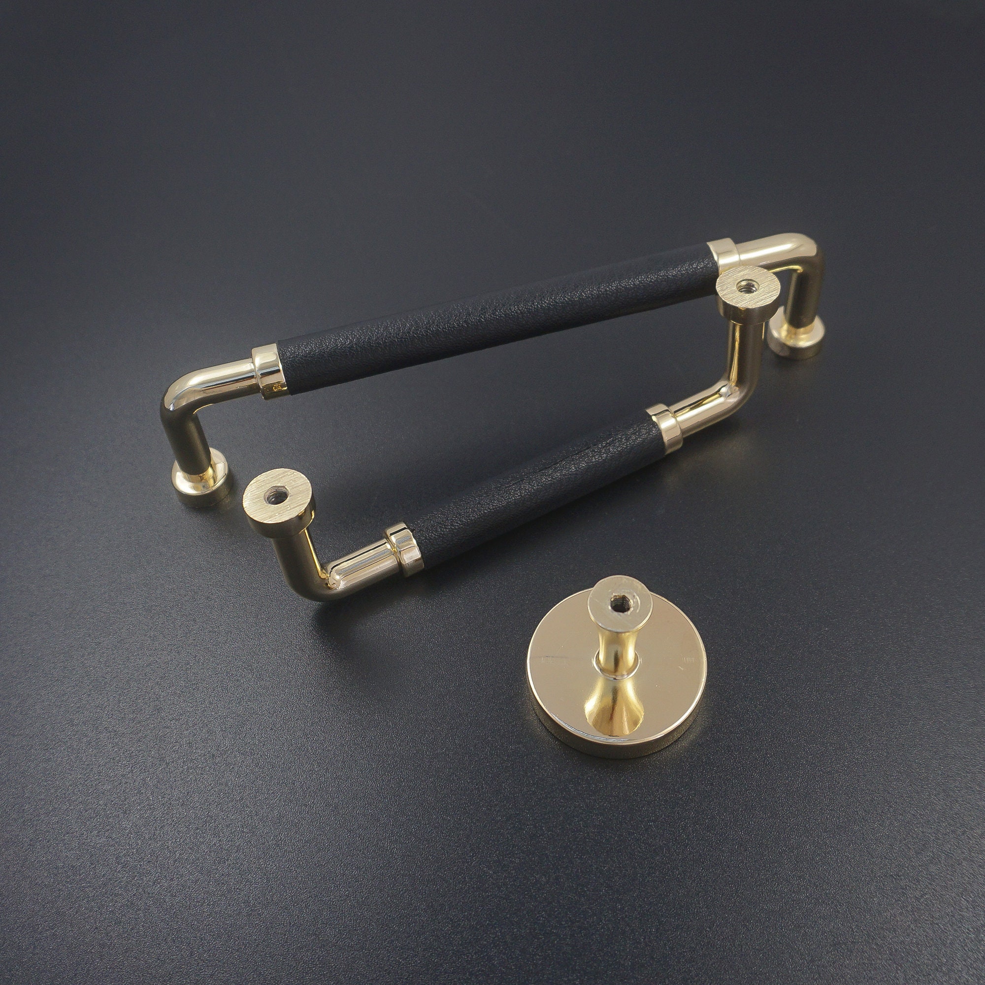 3.785Black Leather Pulls Handles Gold Drawer Pull Etsy
