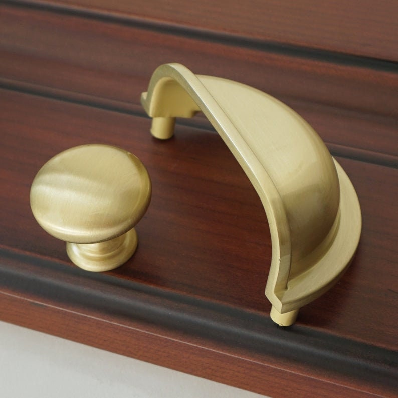 3 Brushed Gold Brass Round Knobs Cup Pulls Drawer Pulls Etsy