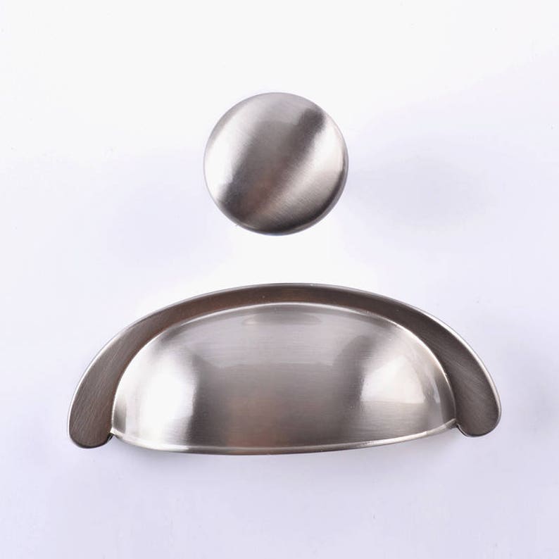 3 Brushed Nickel Drawer Knobs Pulls Handles Cup Etsy