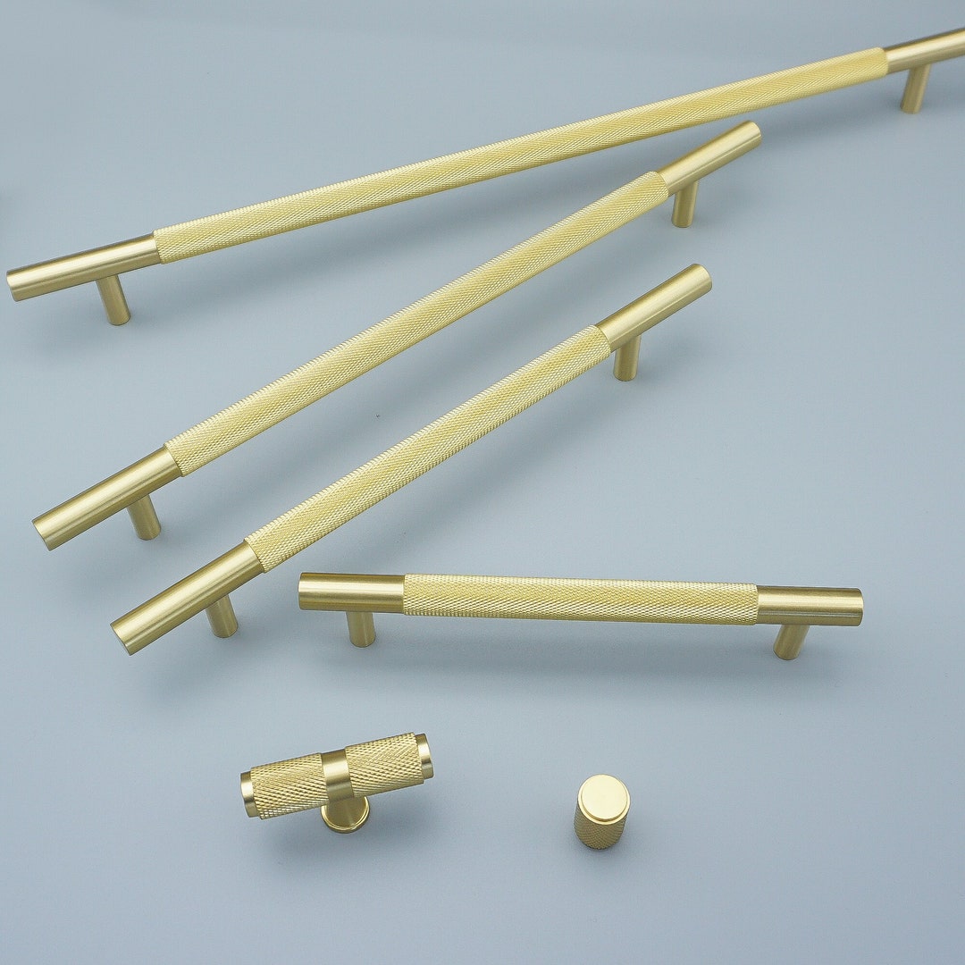 Solid Brass Knurled Pulls T Bar Knobs Gold Drawer Knob Etsy
