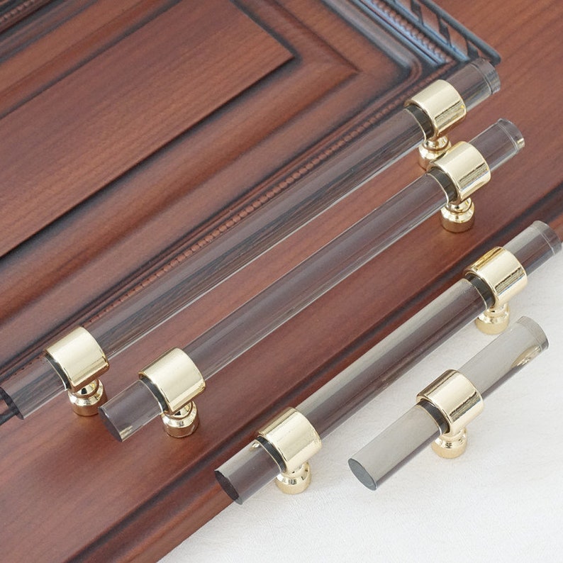 3.78 5 6.3 Lucite Smoke Gold Cabinet Handles Acrylic Dresser Pulls Drawer Knobs Pull Kitchen Pull Furniture Hardware Decor 96 128 160 mm