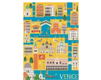 May include: A colorful illustration of Venice, Italy, featuring iconic landmarks like the Doge's Palace, St. Mark's Basilica, and the Rialto Bridge. The image is set against a yellow background with blue canals and bridges.