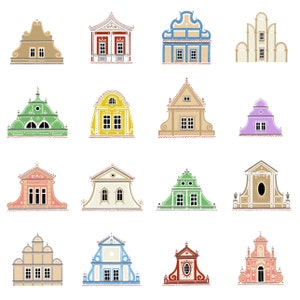 May include: A collection of 14 colorful illustrations of different styles of houses. The houses are all drawn in a cartoon style and have various architectural details, such as gables, dormers, and chimneys.