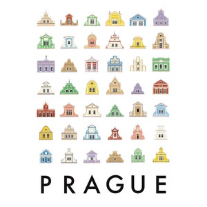 May include: A colorful illustration of various buildings in Prague, Czech Republic. The buildings are all different colors and styles, and they are arranged in a grid pattern. The word "PRAGUE" is written in black letters at the bottom of the image.