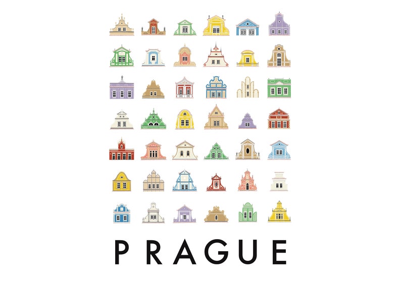May include: A colorful illustration of various buildings in Prague, Czech Republic. The buildings are all different colors and styles, and they are arranged in a grid pattern. The word "PRAGUE" is written in black letters at the bottom of the image.